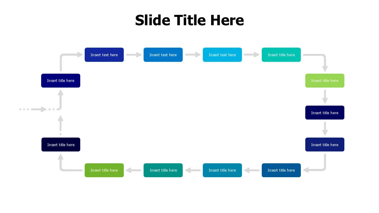 13 points colored squares with arrows loop infographic