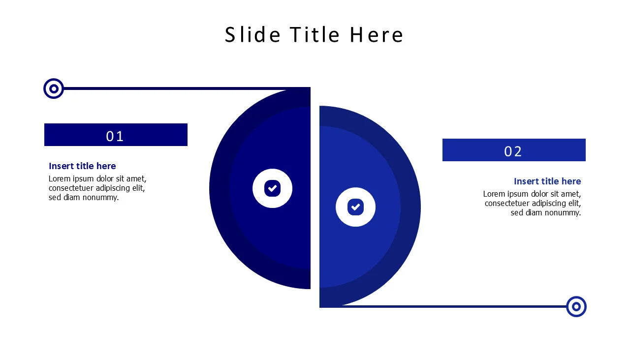 2 points filled half circles with lines and icons infographic