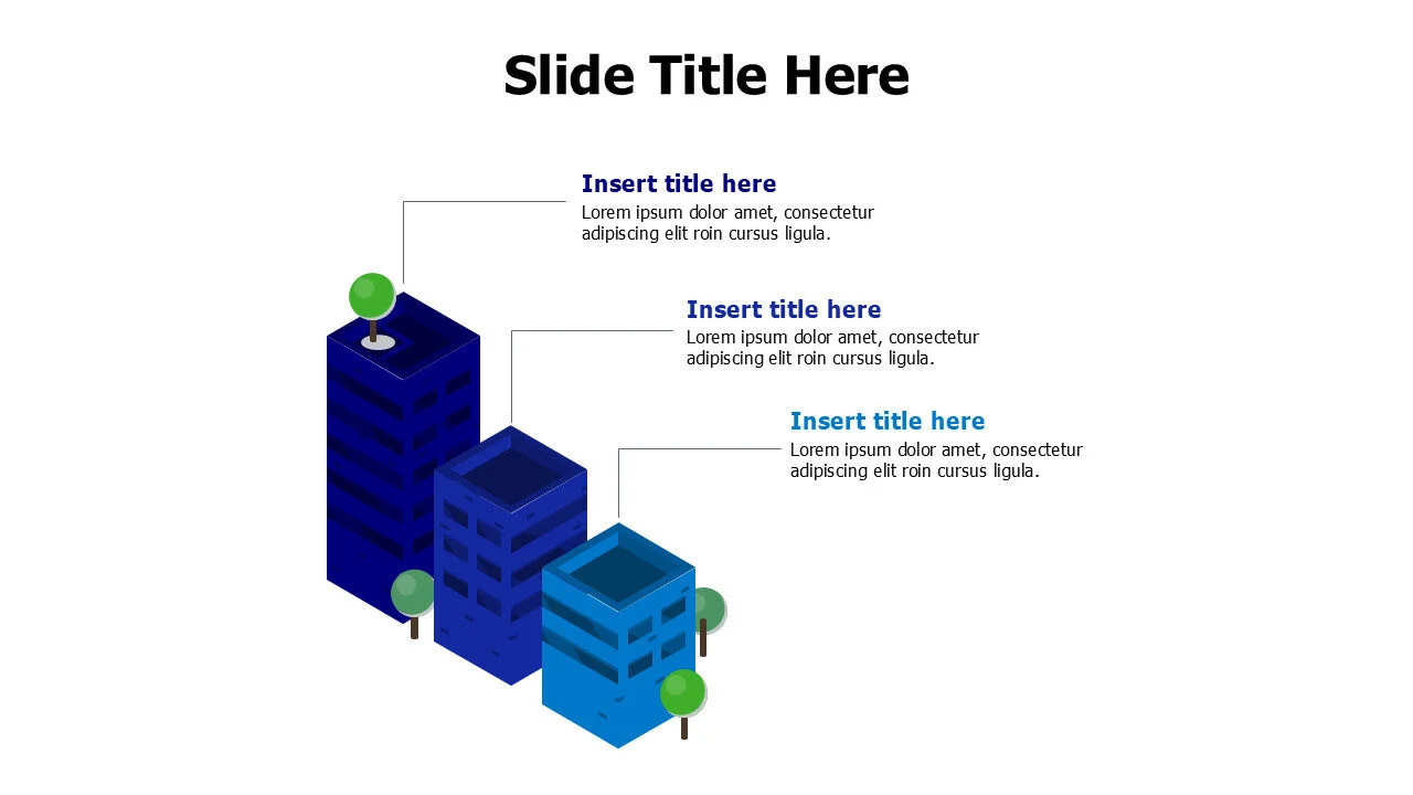 3 colored 3D different size buildings infographic