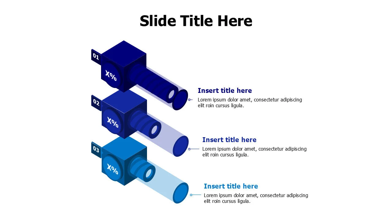  3 colored 3D pipes with percentages infographic