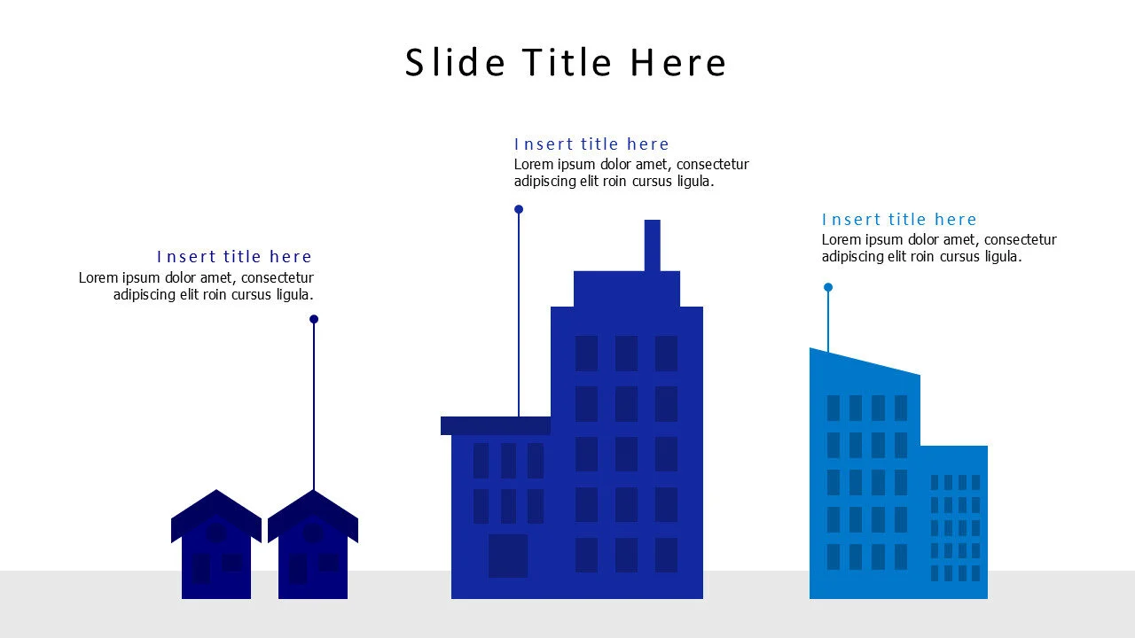 3 colored different buildings with lines infographic