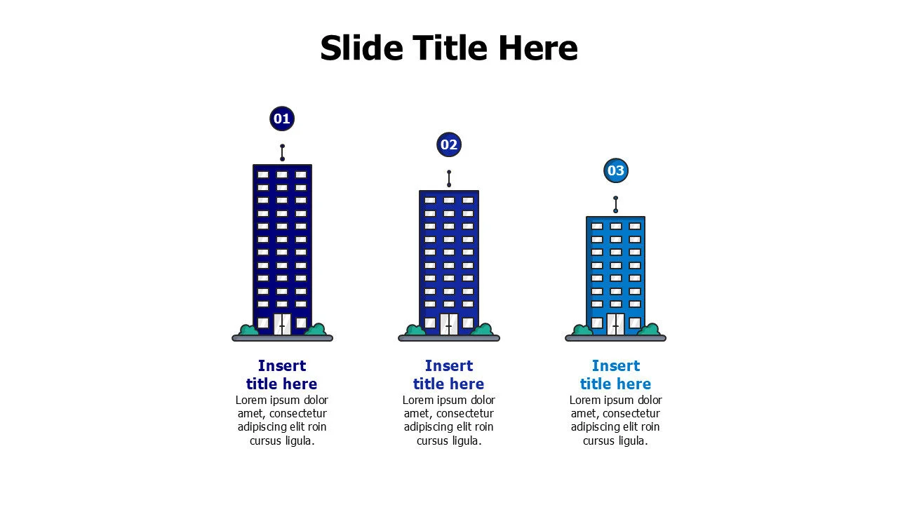 3 colored doodle buildings infographic