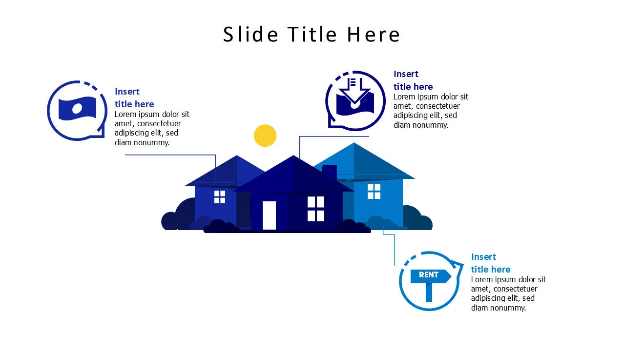 3 colored homes with finance icons infographic
