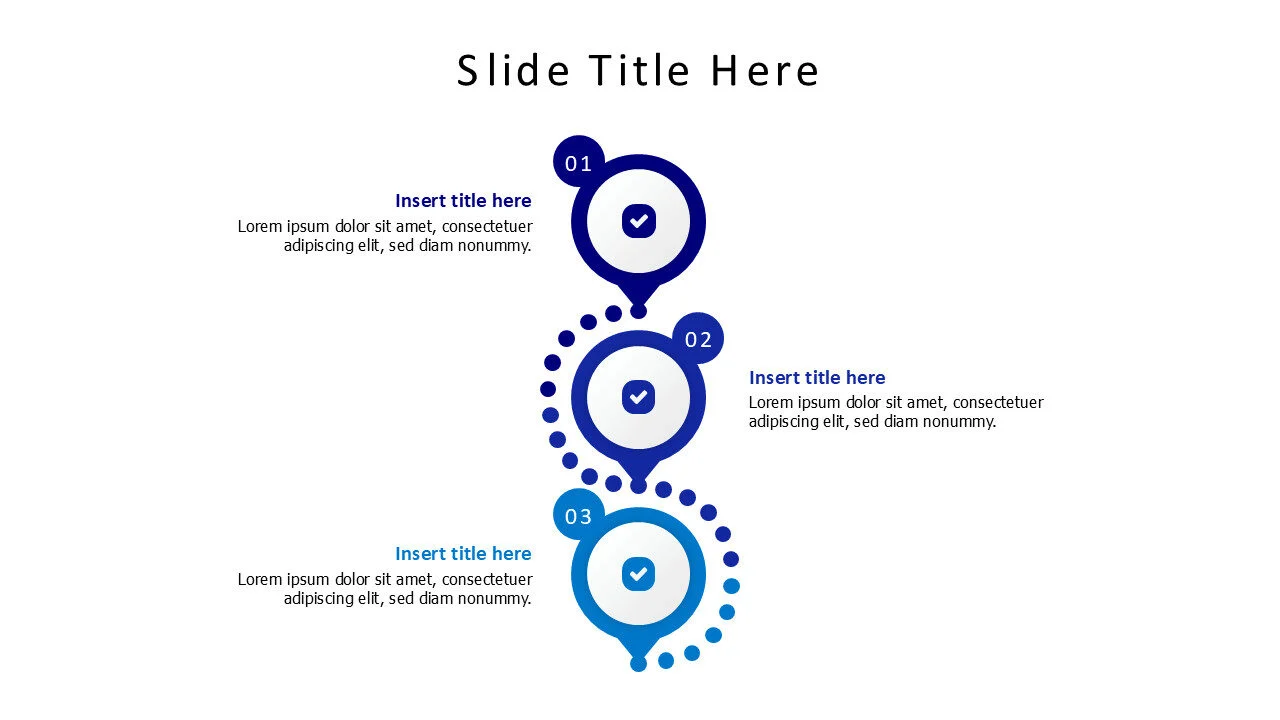 3 colored pins with dotted line infographic