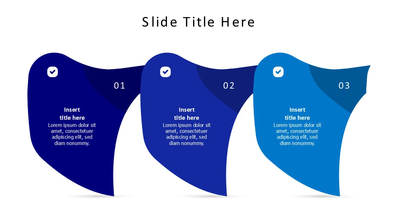 3 colored shapes with icons and numbers infographic