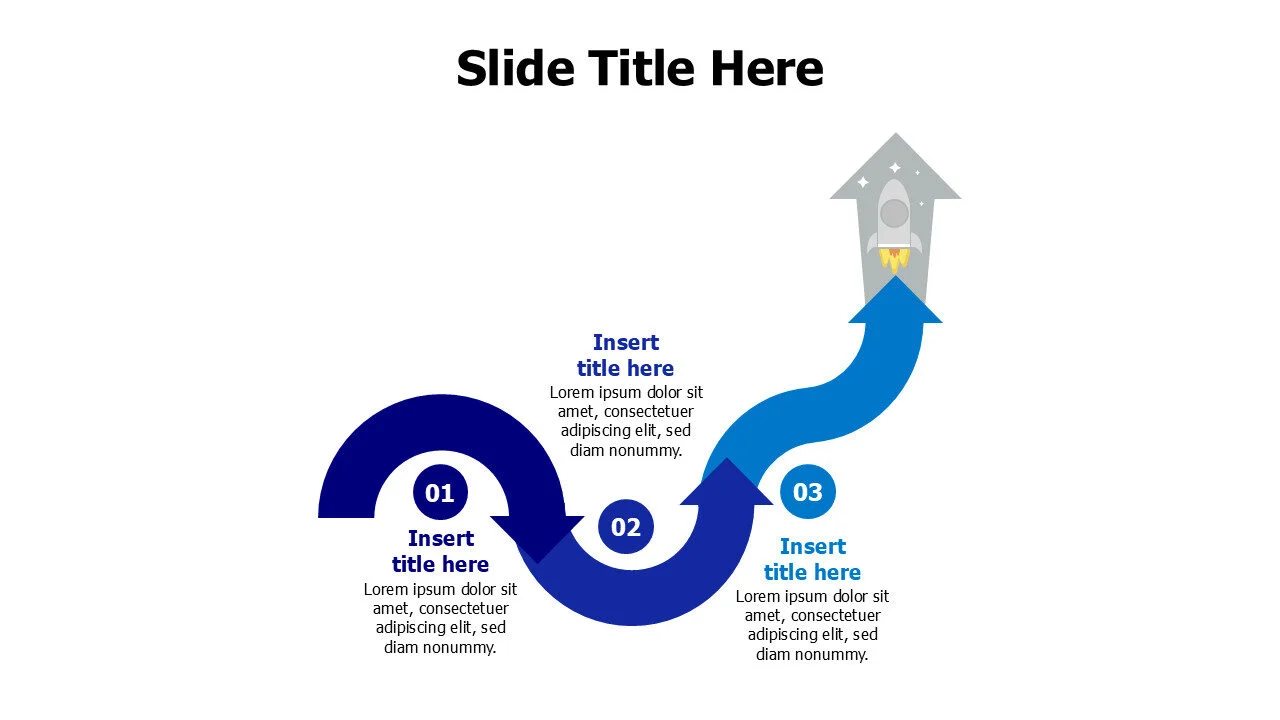 3 curved colored arrows with a flying rocket infographic