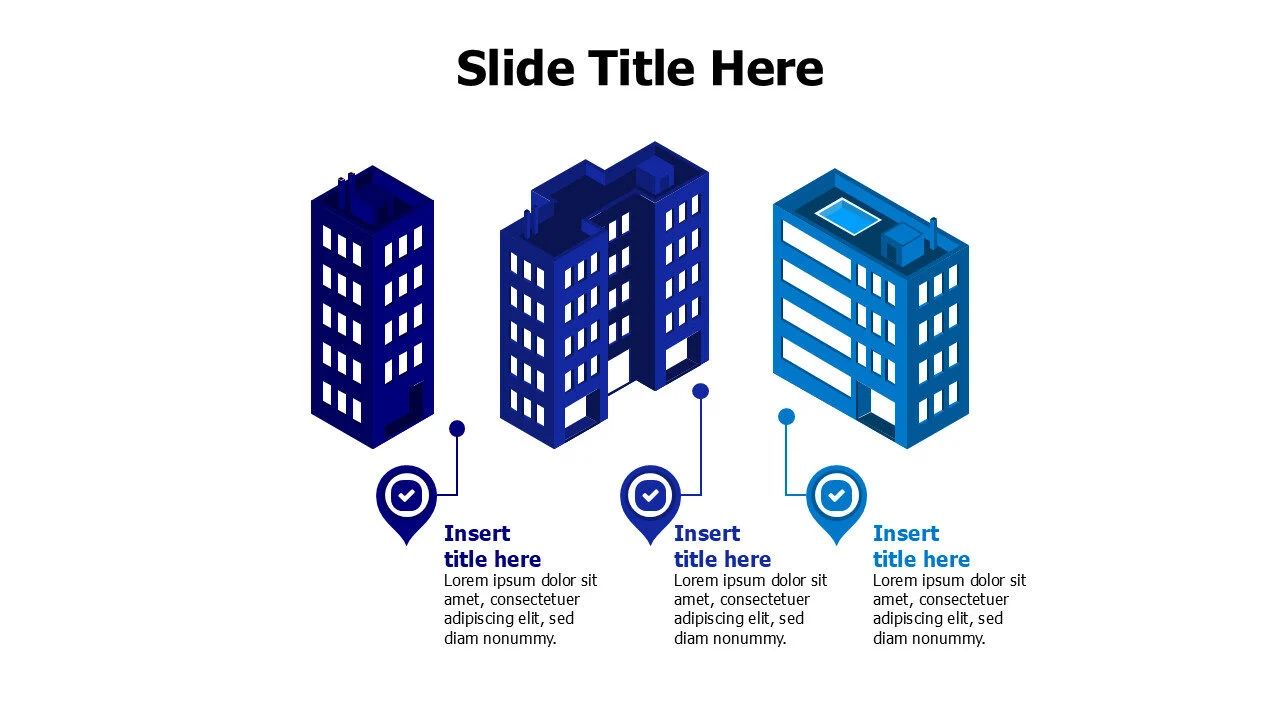 3 points 3D colored buildings with location pins infographic