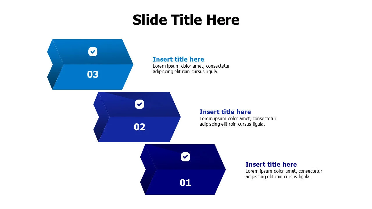 3 points 3D filled colored arrows infographic with icons