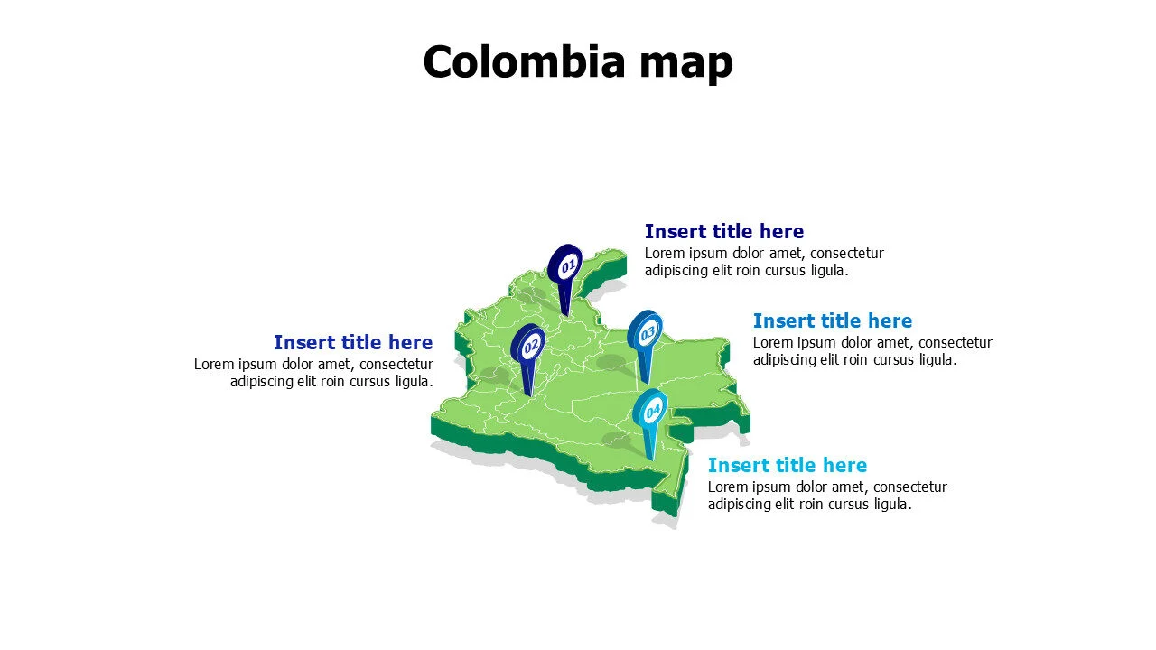 3D Colombia map with location pins