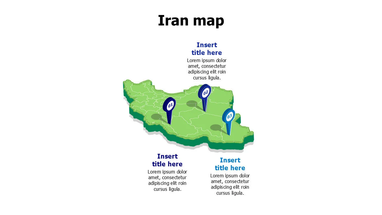3D Iran map with location pins