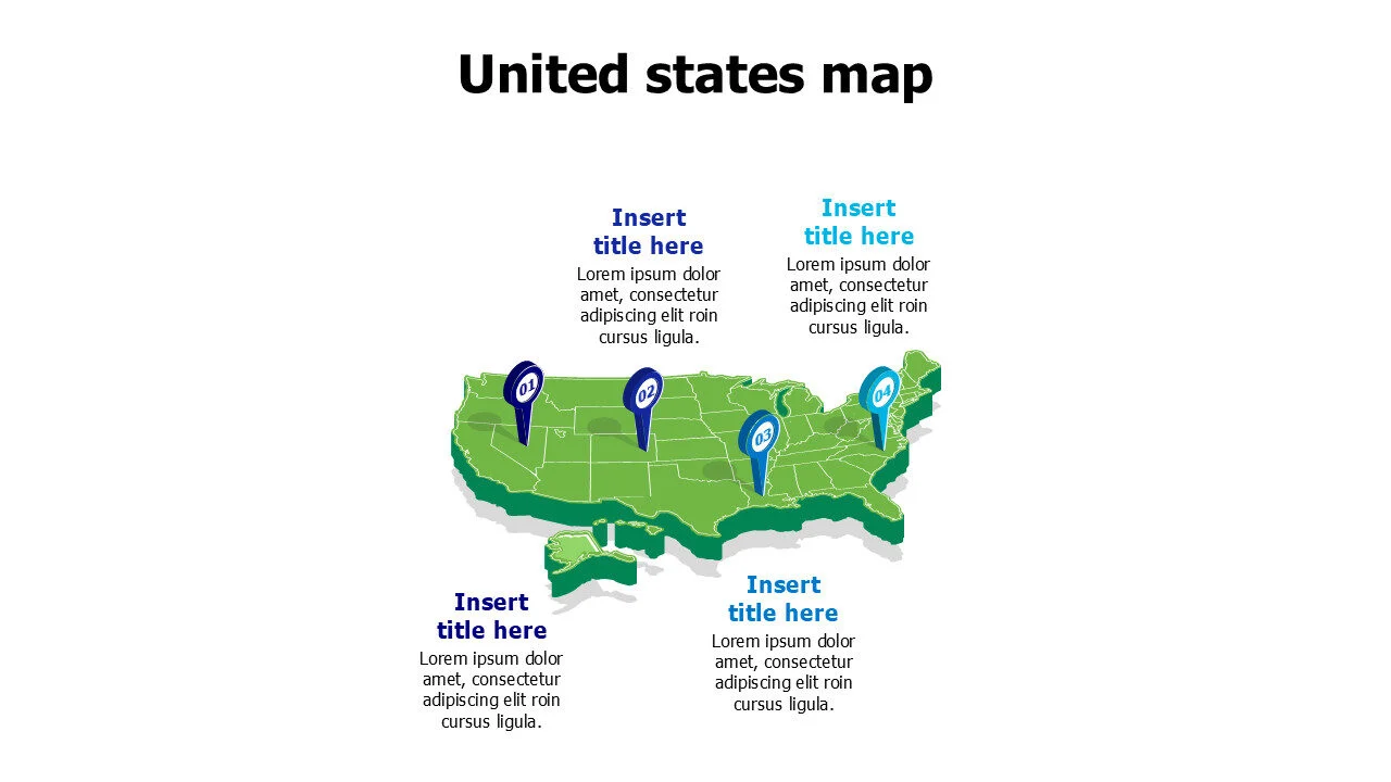 3D United stated of America map with location pins