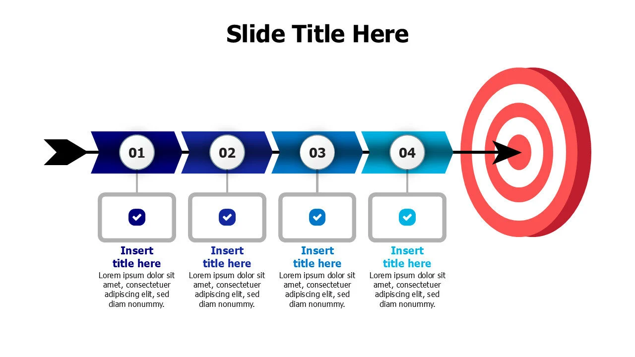 4 arrows to a goal circle with icons infographic