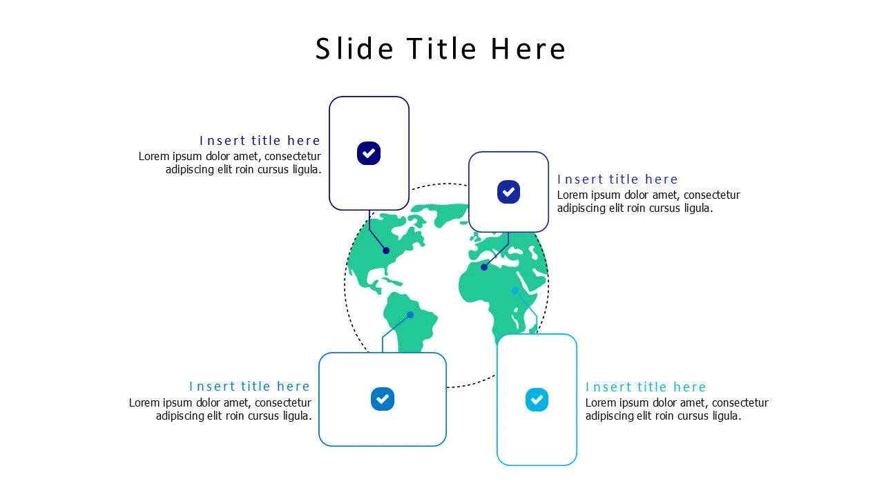 4 blocks on a world on a world map with icons infographic