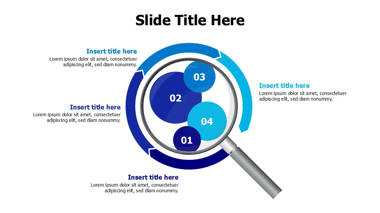 4 circles in magnifying glass infographic with arrows