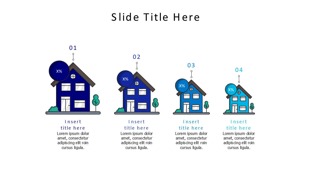 4 colored growing houses with numbers infographic