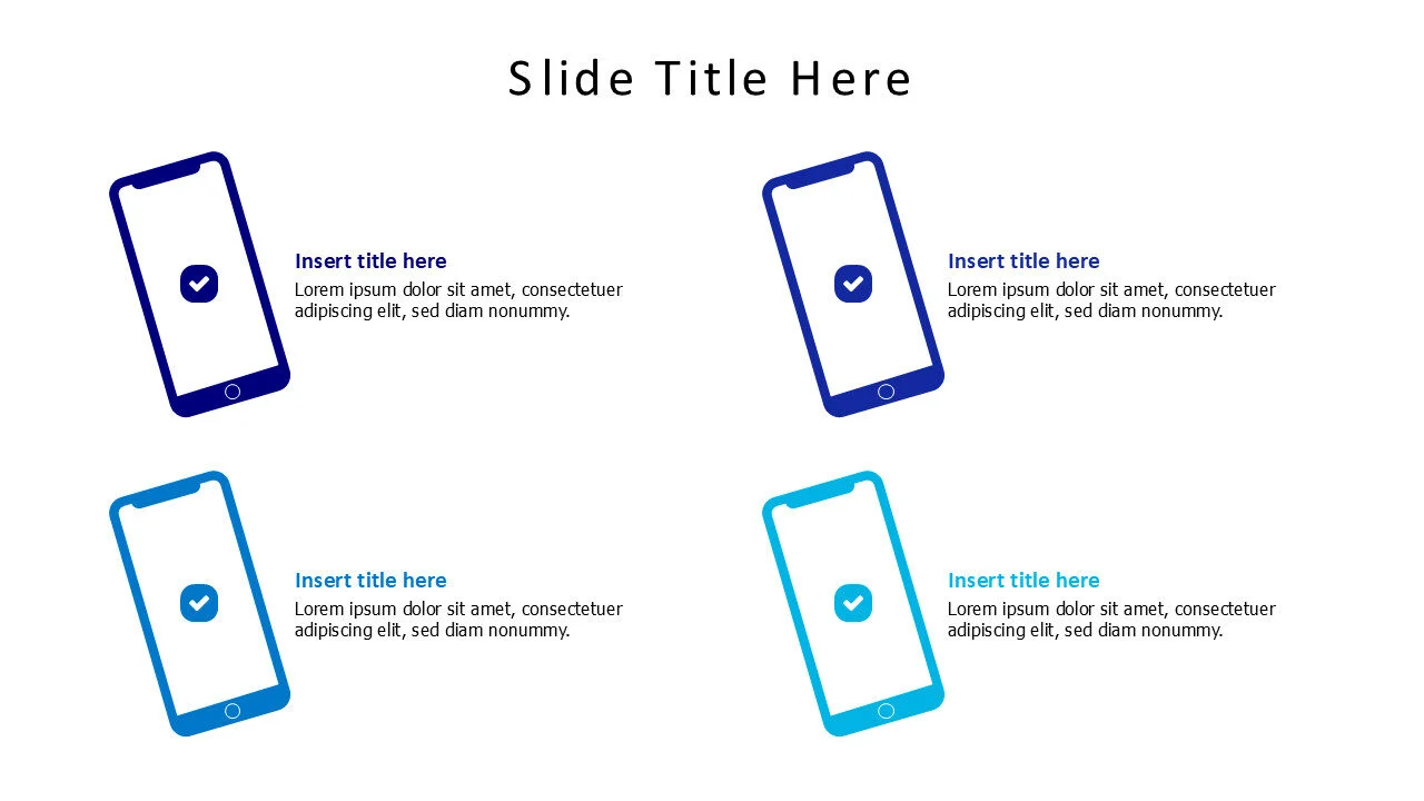 4 colored mobile phones infographic wih icons