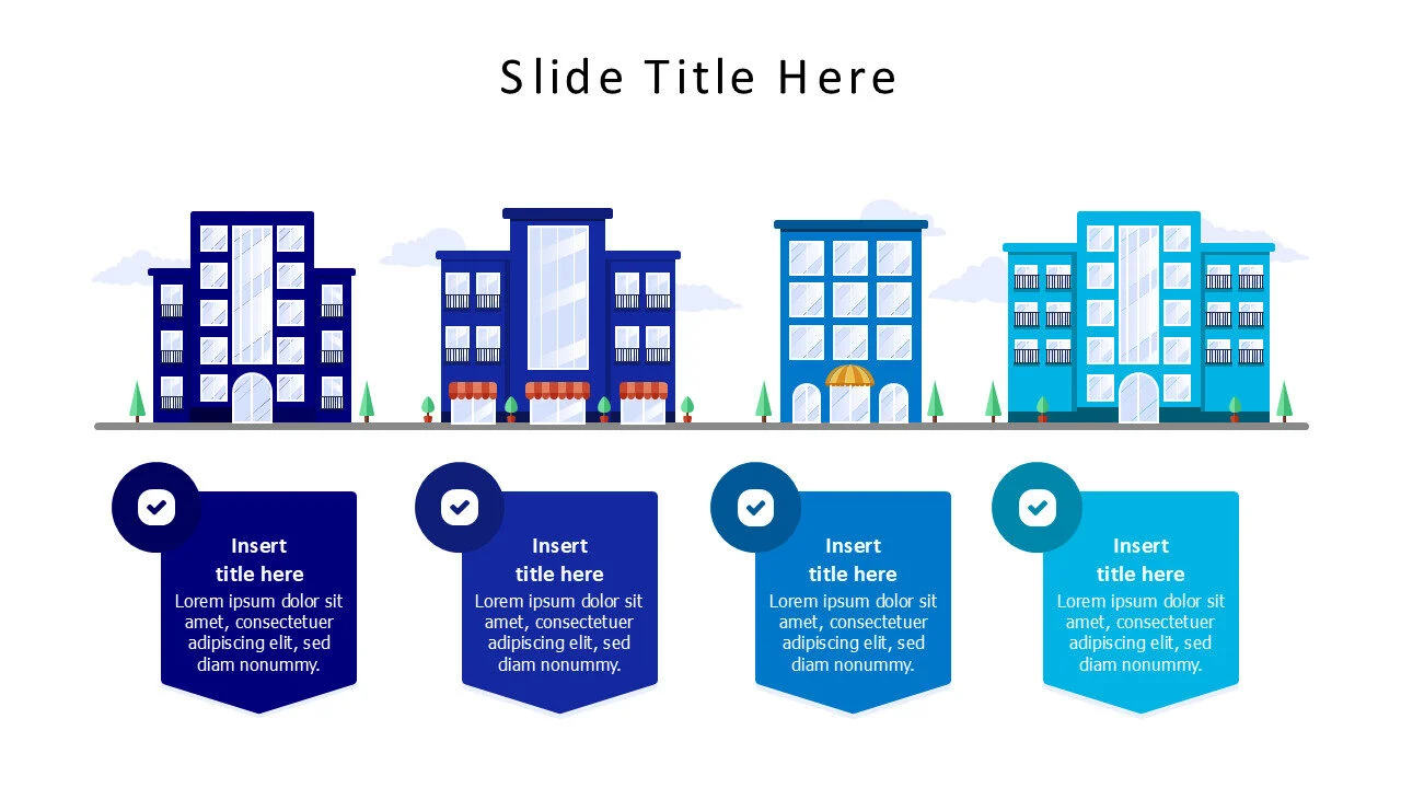 4 different colored buildings infographic with icons