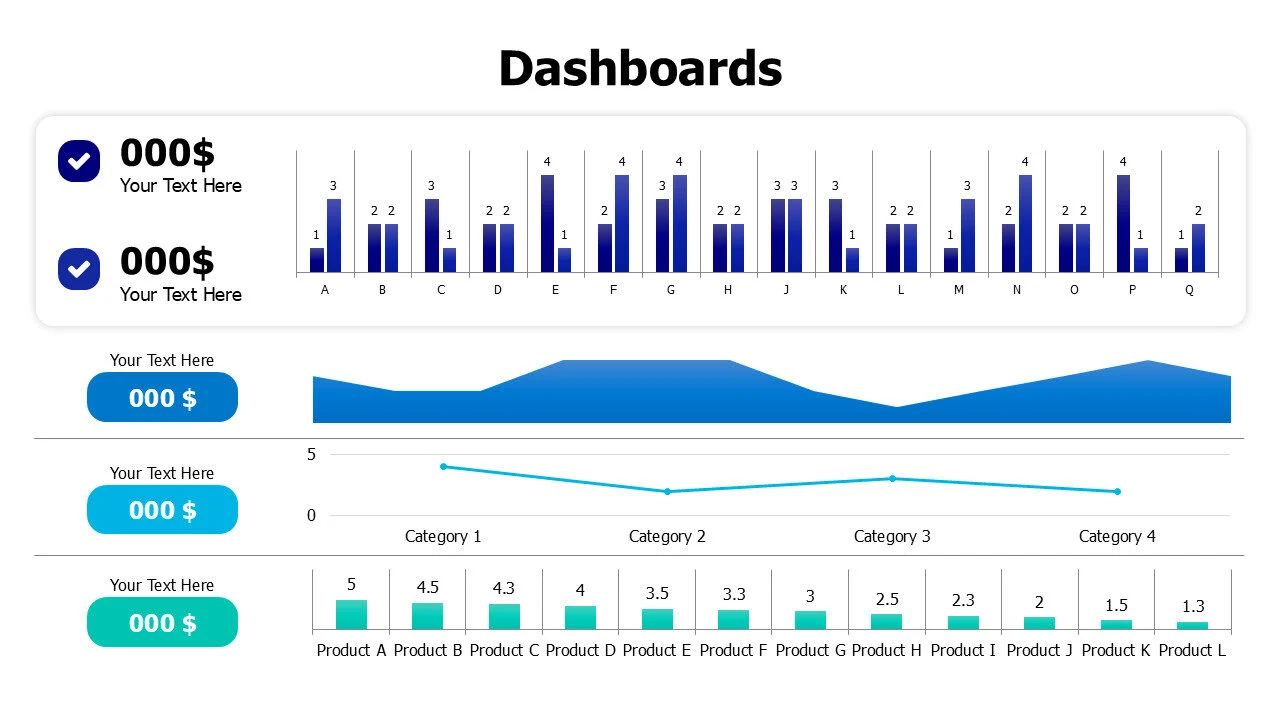 4 horizontal charts with icons dashboard