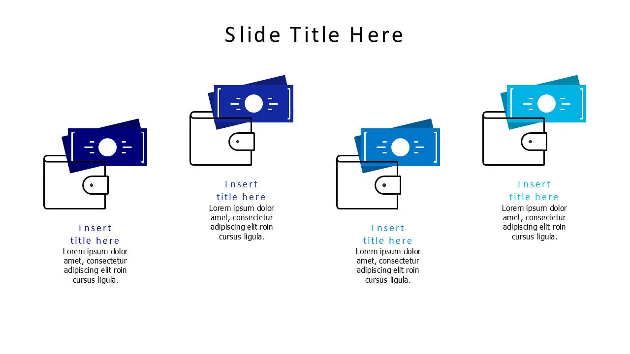 4 outline wallets with colored money infographic