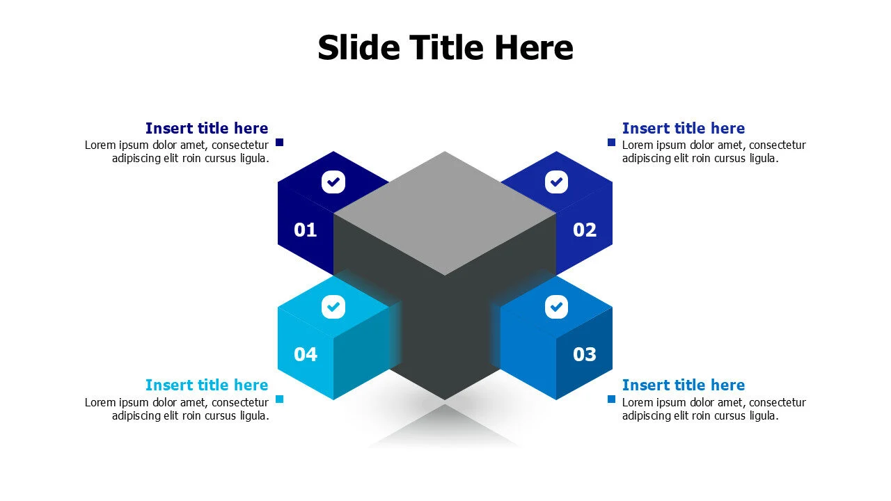 4 points 3D cubes from a big cube infographic with icons