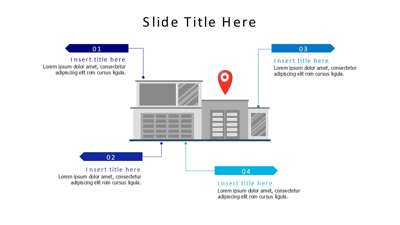 4 points a building with location pin infographic