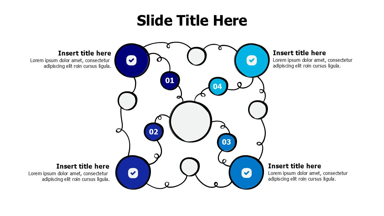 4 points colored doodle circles and lines branching infographic