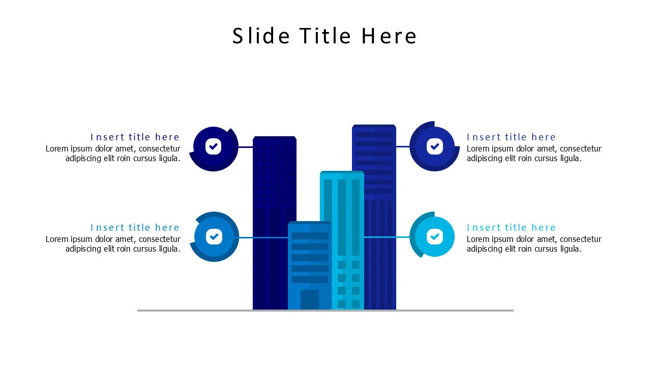 4 points colored flat buildings infographic with icons