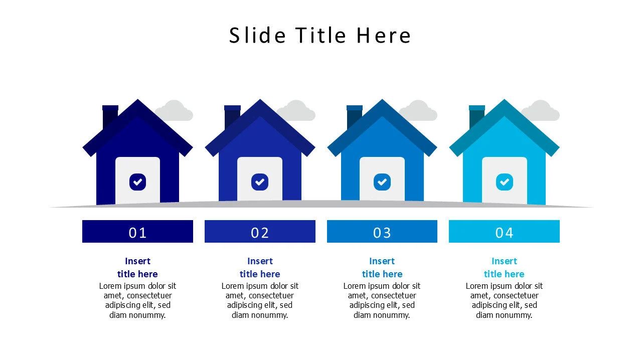 4 points colored houses with numbers infographic