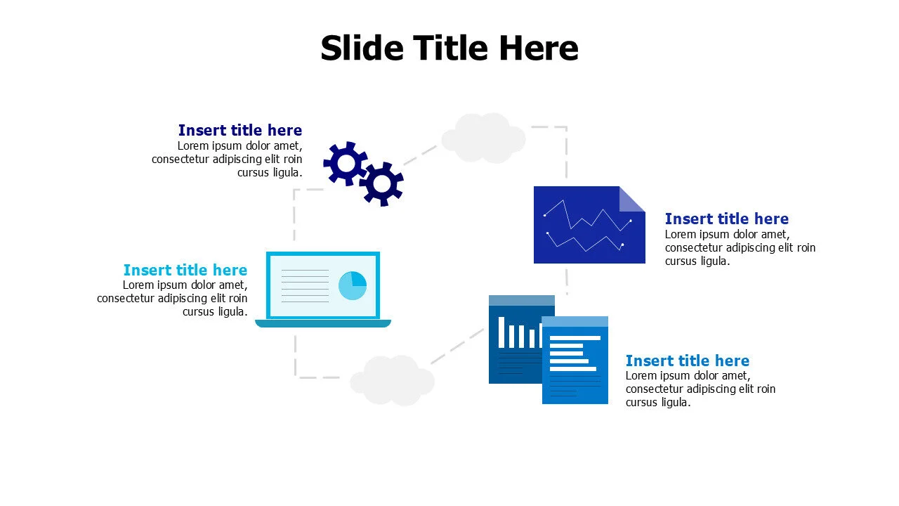 4 points colored software elements with clouds infographic