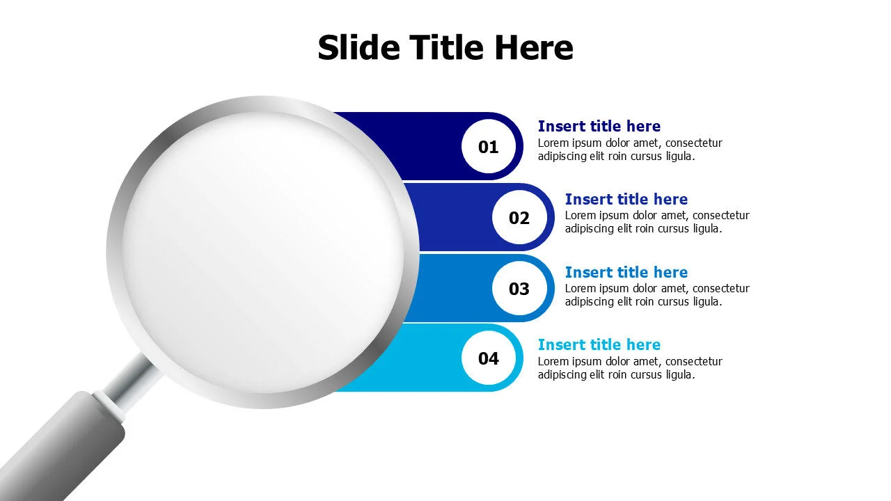 4 points colored stripes magnifying glass infographic with numbers