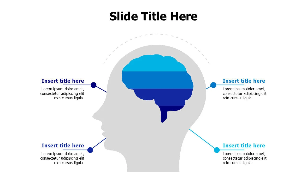 4 points divided colored brain in a head infographic