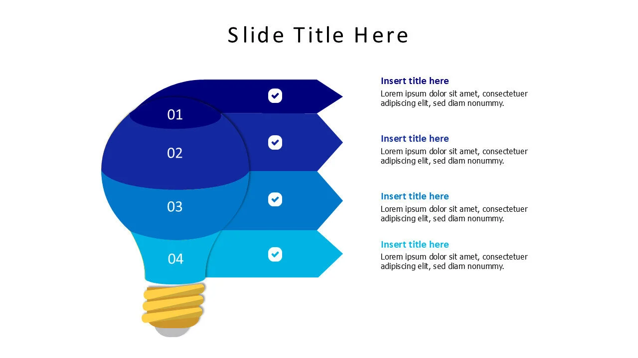 4 points divided colored bulb with arrows infographic