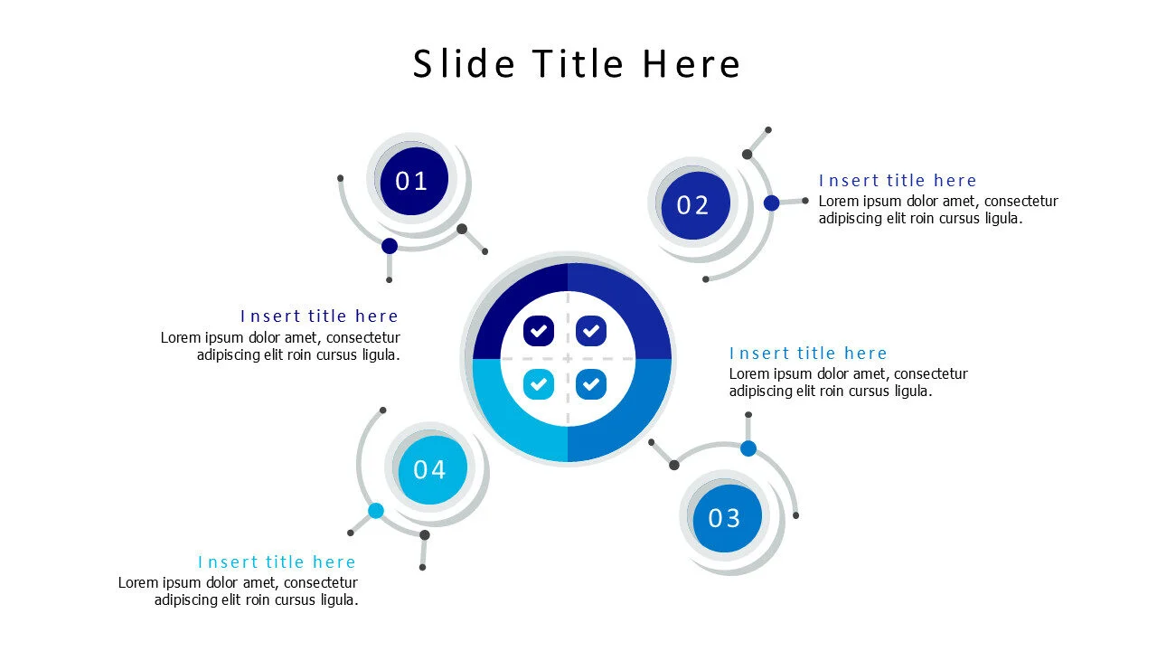 4 points divided colored circle with icons infographic