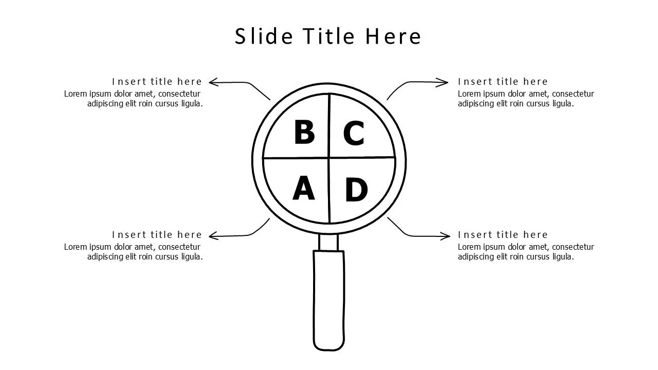 4 points outline magnifying glass with letters infographic