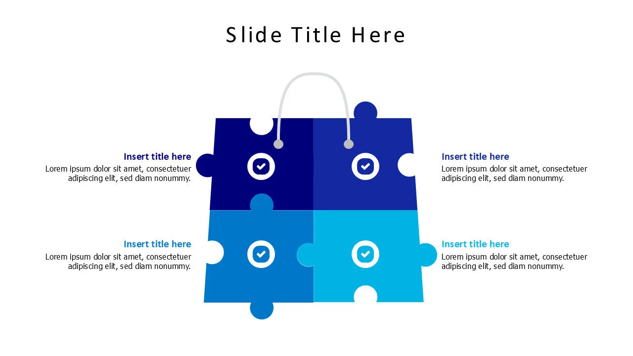 4 points puzzle pieces making a bag infographic
