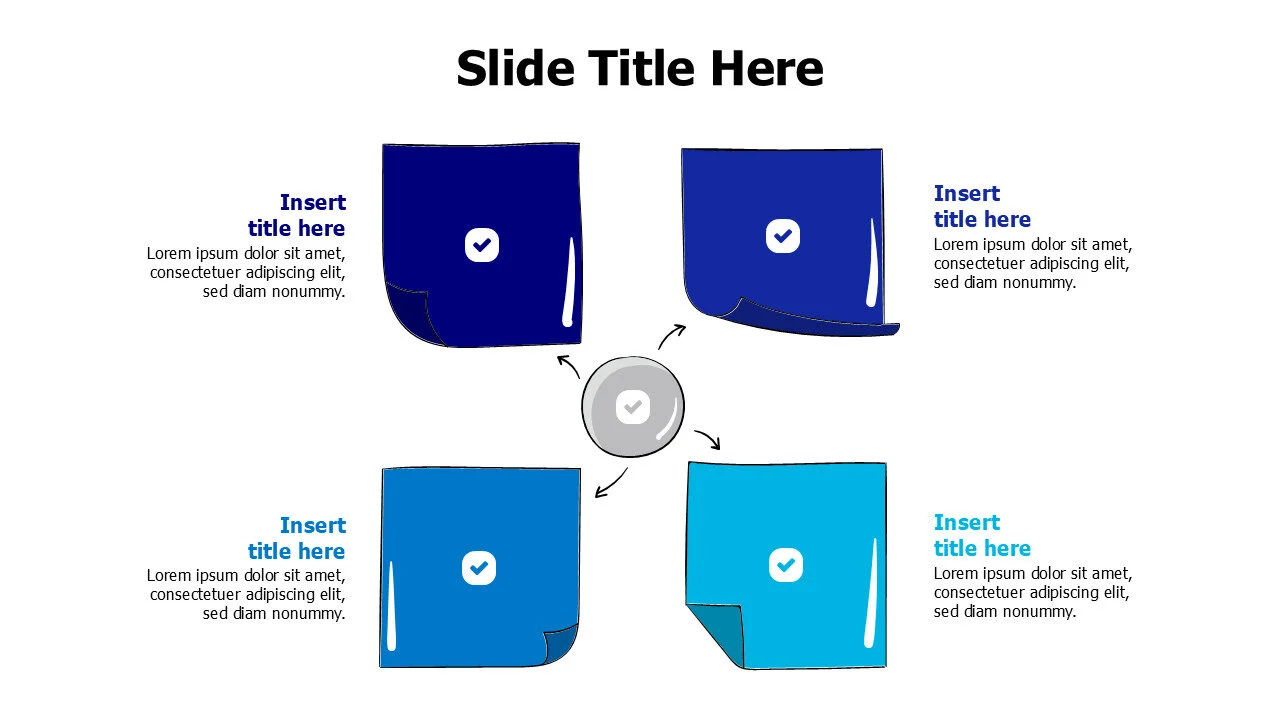 4 points sticky notes branching from a circle infographic
