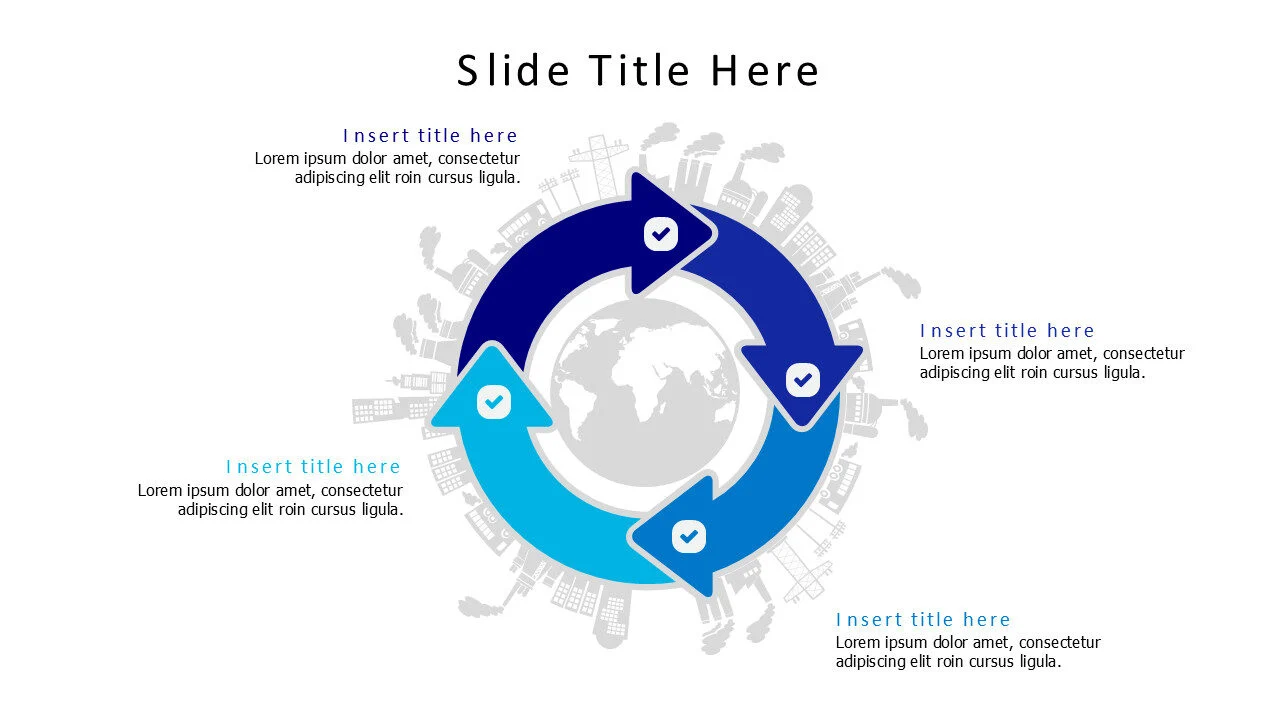 4 rounded colored arrows around world map infographic