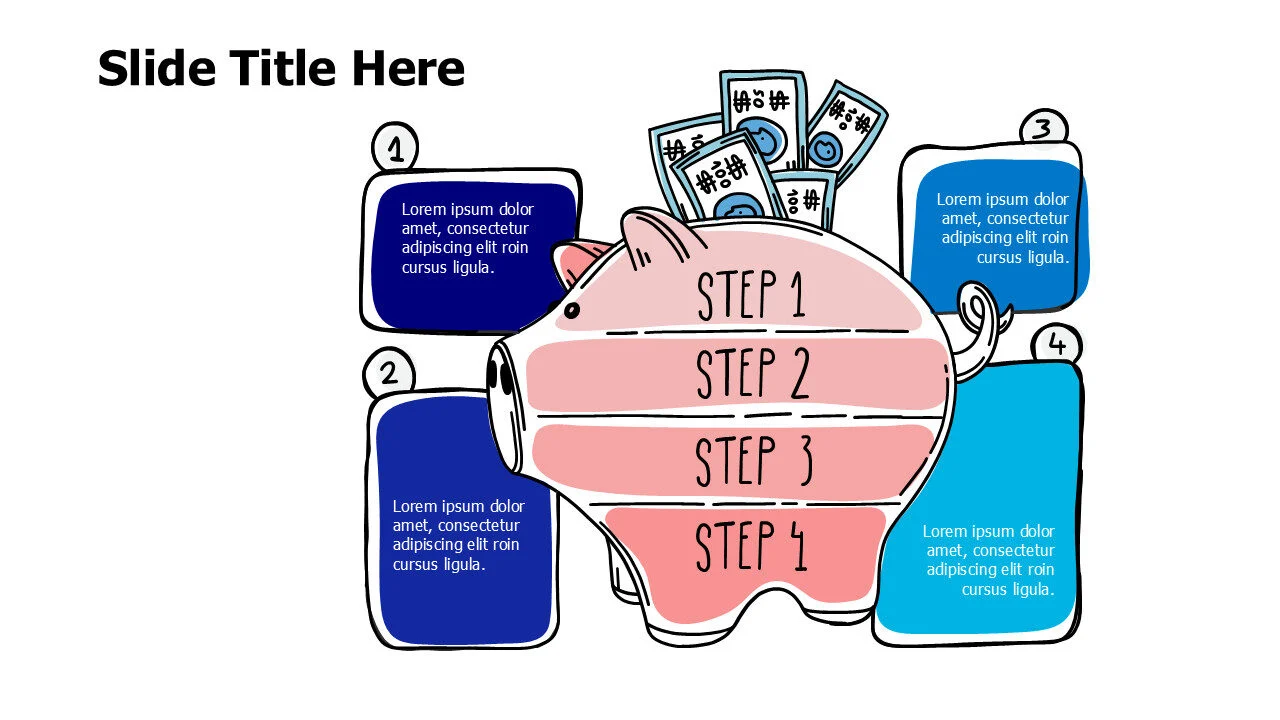 4 sketchy colored blocks around a pigggy bank infographic