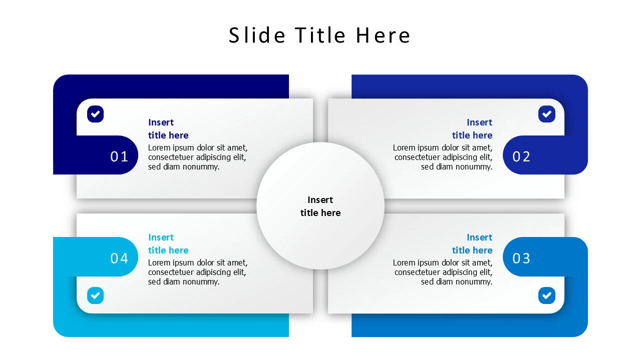4 squares and one shared circle infographic with icons