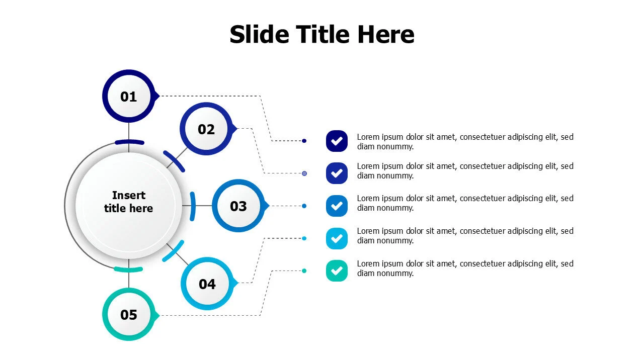 5 branching circles infographic with icons and numbers