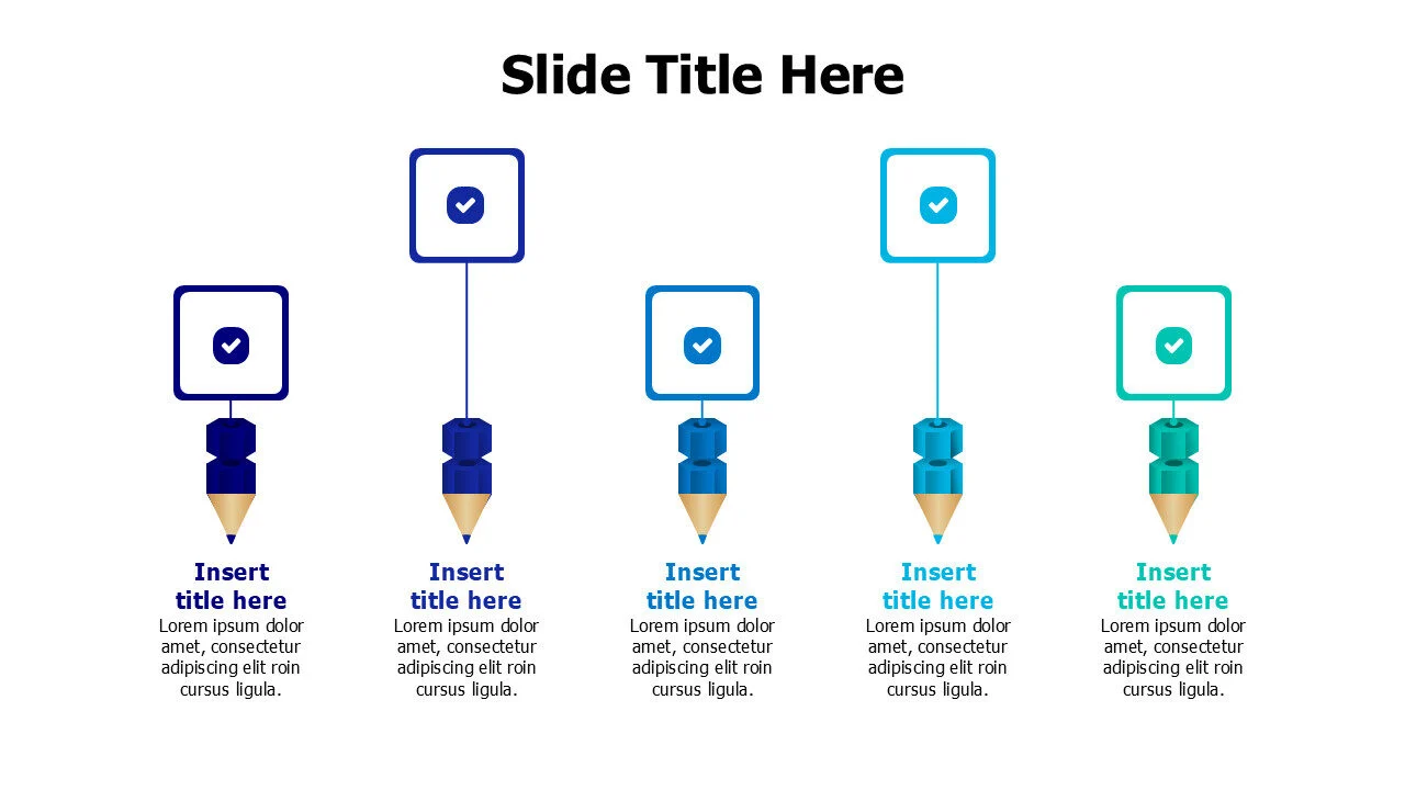 5 colored bencils with squares infographic