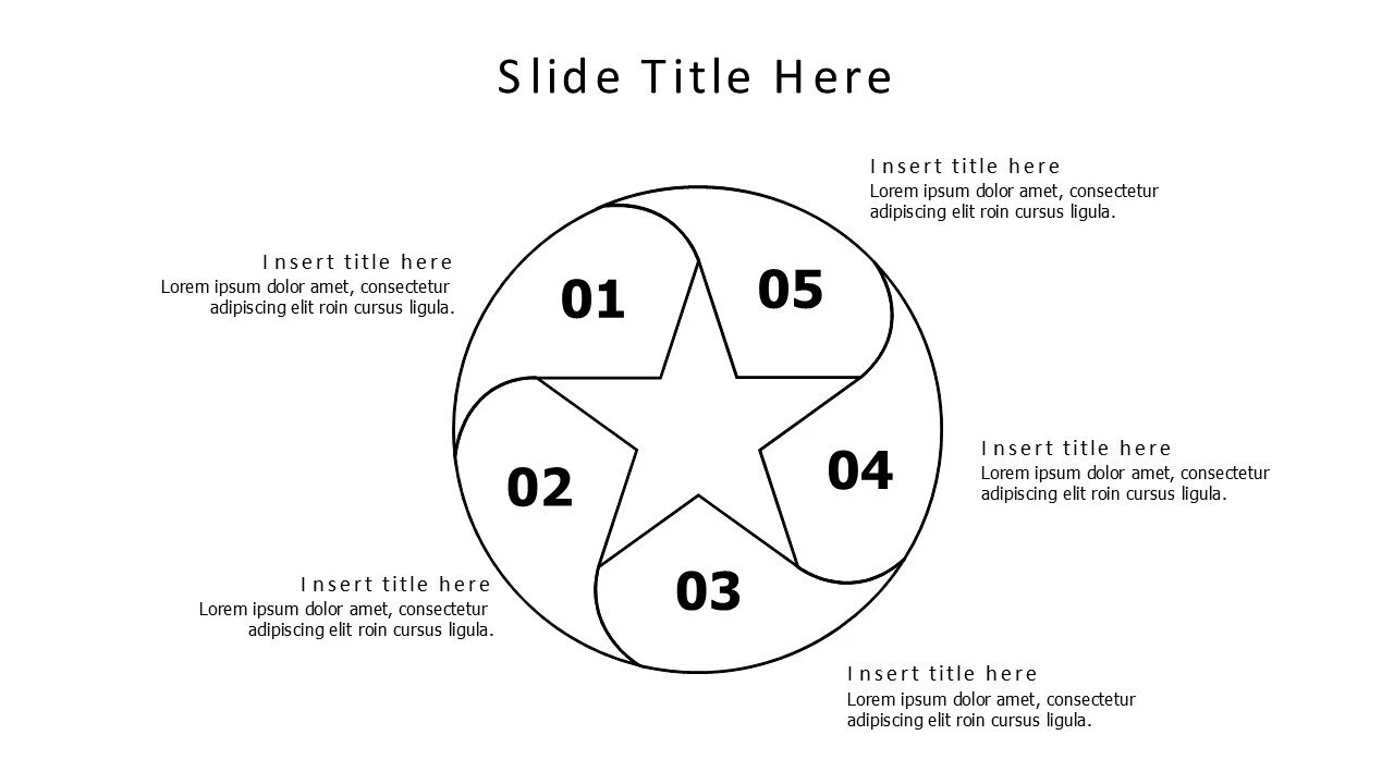 5 divided outline pentagram with circle infographic