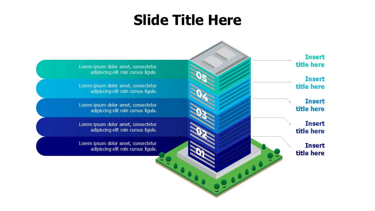 5 floors of a 3D building infographic with numbering