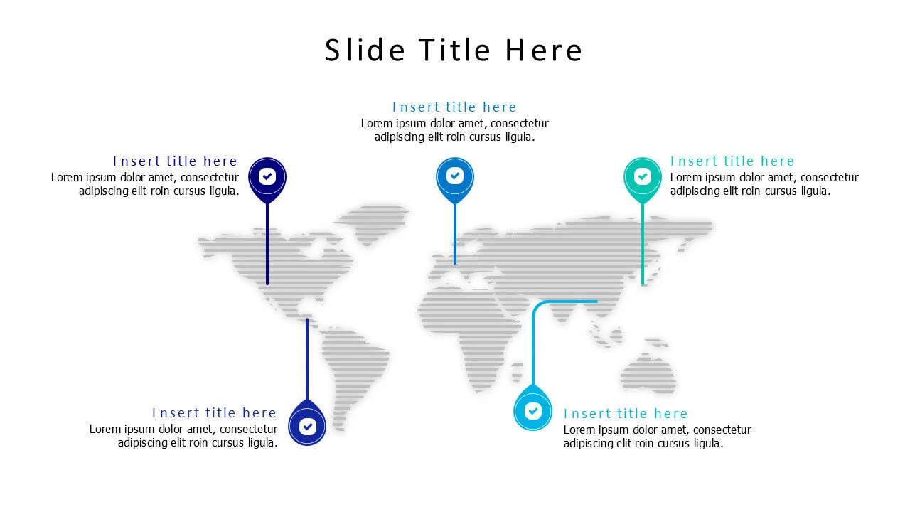 5 location pins on world map infographic with icons