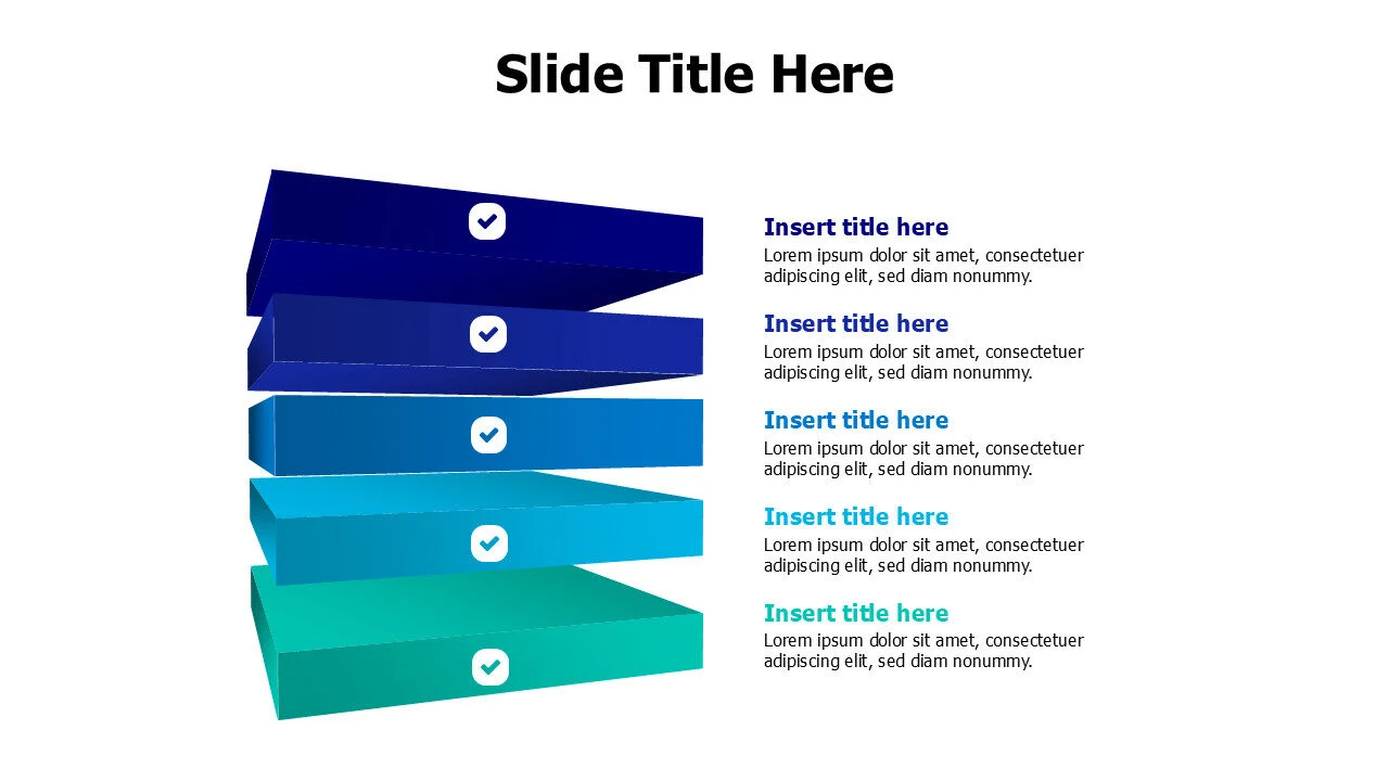 5 points 3D colored overlayed blocks infographic