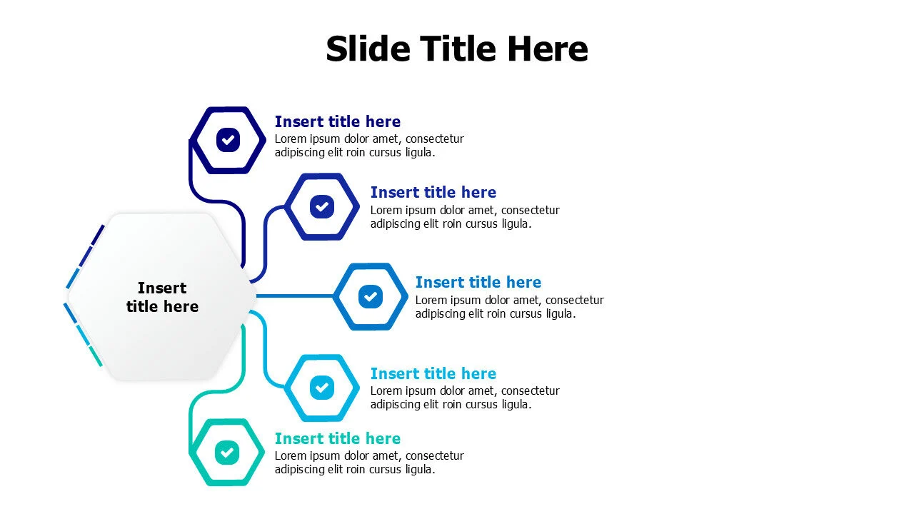 5 points colored branching from hexagon infographic