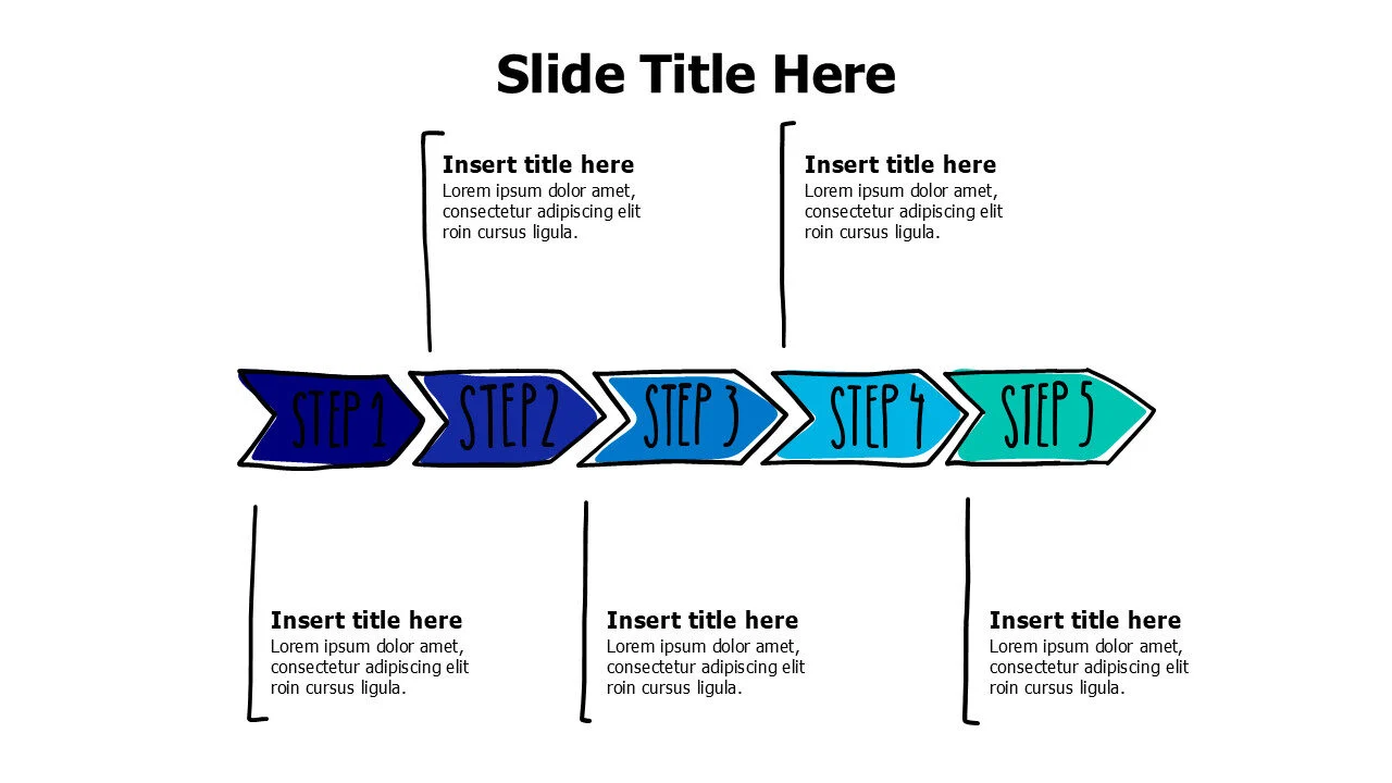 5 points colored doodle arrows timeline infographic