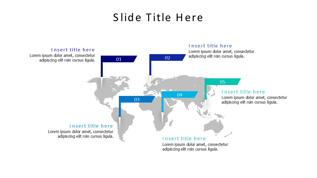 5 points colored flags over world map infographic