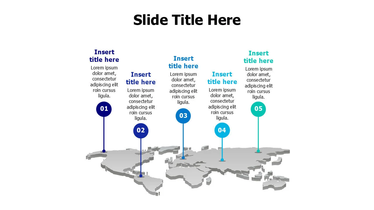 5 points colored lines on a 3D world mapinfographic