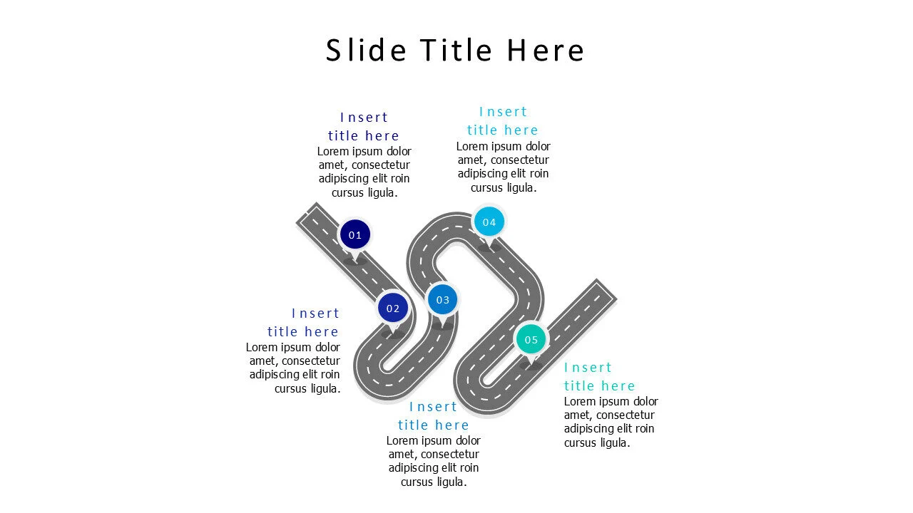 5 points colored location pins on road infographic